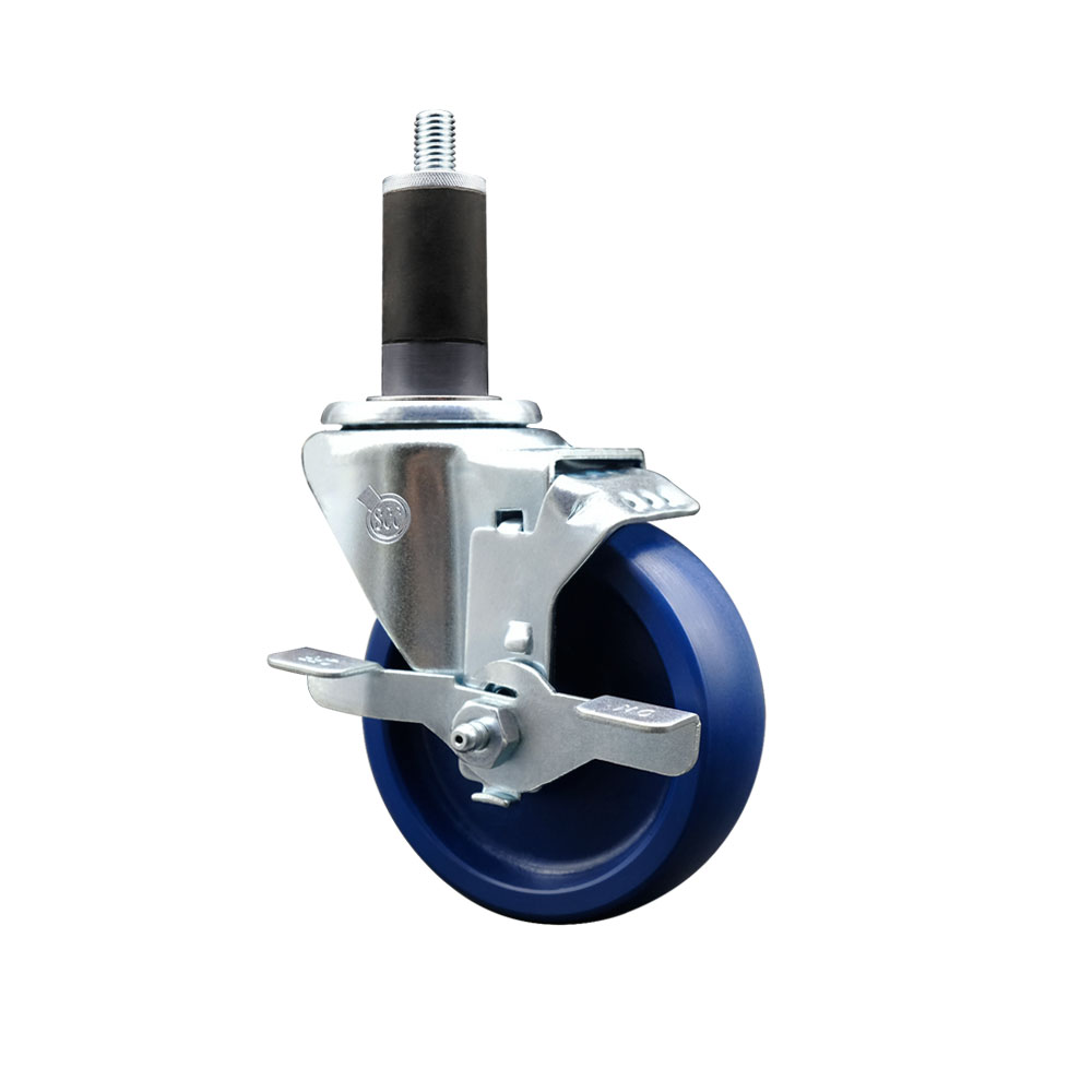 SCC-EX20S414-SPUS-TLB-114 Solid Polyurethane Expanding Stem Swivel Caster with 4 in. Blue Wheel & 1.25 in. Stem & Top Locking Brake