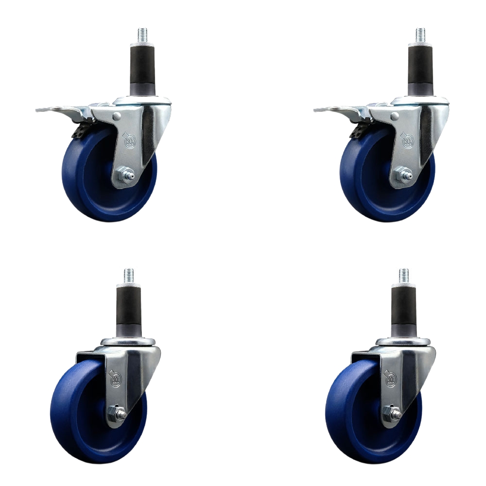 Stainless Steel Solid Polyurethane Swivel Expanding Stem Caster with 4 in. Blue Wheels & 1.25 in. Stems 2 with Total Locking Brakes - Set of 4