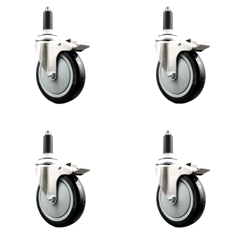 Polyurethane Swivel Stem Caster with 5 in. Black Caster Wheels, 1 in. Expanding Stems - 316 Stainless Steel Casters - Set of 4
