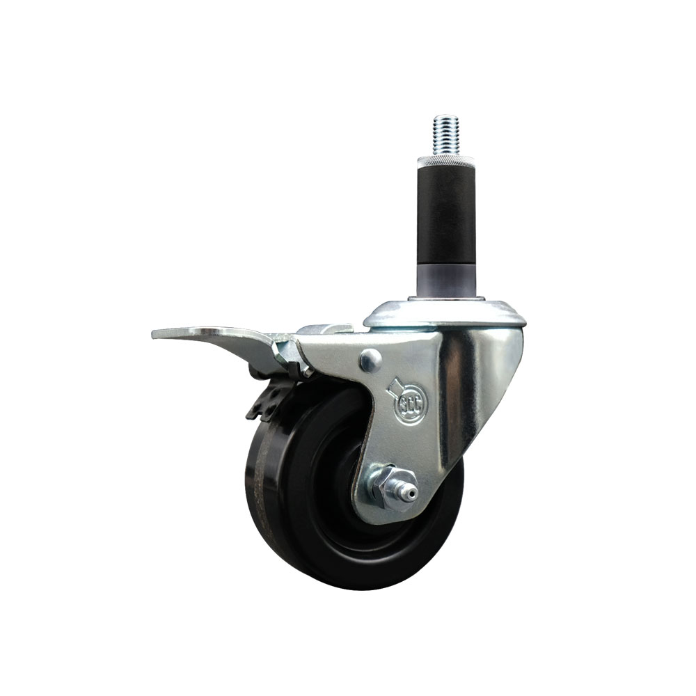 Stainless Steel Solid Polyurethane Expanding Stem Swivel Caster with 3 in. Blue Wheel & 1.13 in. Stem & Total Locking Brake