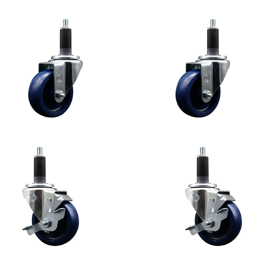 Stainless Steel Solid Polyurethane Swivel Expanding Stem Caster with 3.5 in. Blue Wheels & 1.13 in. Stems 2 with Top Locking Brakes - Set of 4
