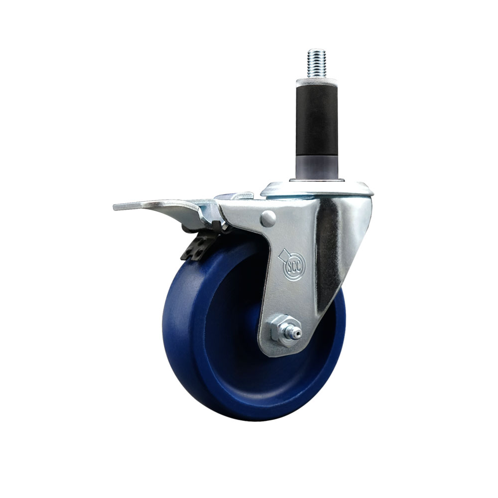 Stainless Steel Solid Polyurethane Expanding Stem Swivel Caster with 4 in. Blue Wheel & 1.13 in. Stem & Total Locking Brake