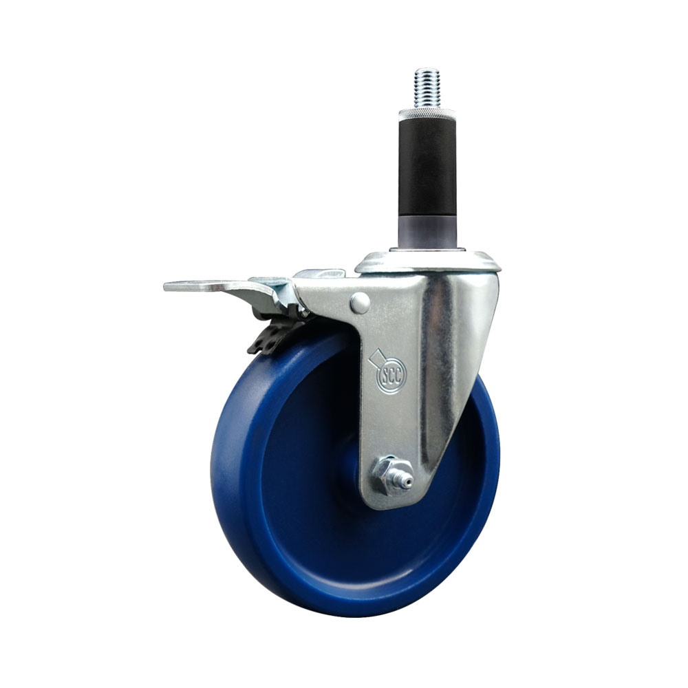 Stainless Steel Solid Polyurethane Expanding Stem Swivel Caster with 5 in. Blue Wheel & 1.13 in. Stem & Total Locking Brake