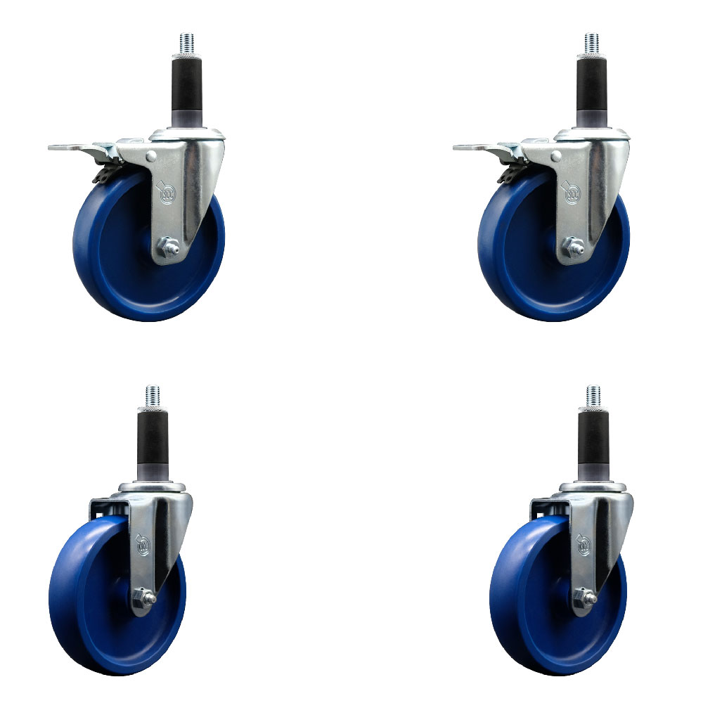 Stainless Steel Solid Polyurethane Swivel Expanding Stem Caster with 5 in. Blue Wheels & 1.13 in. Stems 2 with Total Locking Brakes - Set of 4