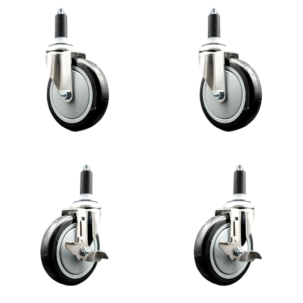 Polyurethane Swivel Stem Caster with 5 in. Black Caster Wheels, 1 in. Expanding Stems - 316 Stainless Steel Casters - Set of 4