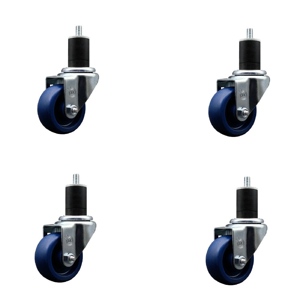 SCC-SSEX20S314-SPUS-134-4 Stainless Steel Solid Polyurethane Swivel Expanding Stem Caster with 3 in. Blue Wheels & 1.75 in. Stems - Set of 4