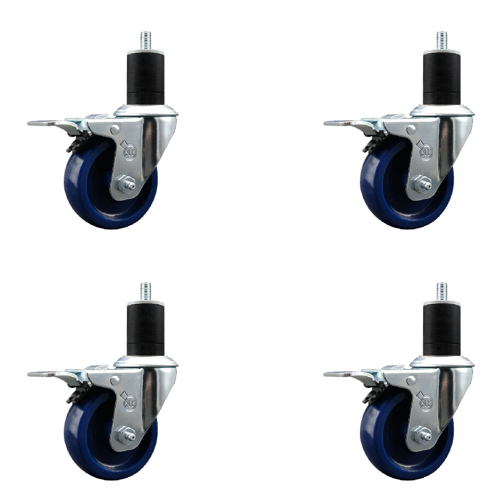 SCC-SSEXTTL20S3514-SPUS-134-4 Stainless Steel Solid Polyurethane Swivel Expanding Stem Caster with 3.5 in. Blue Wheels & 1.75 in. Stems - Set of 4