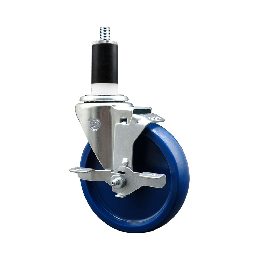 SCC-EX20S514-SPUS-TLB-138 Solid Polyurethane Expanding Stem Swivel Caster with 5 in. Blue Wheel & 1.38 in. Stem & Top Locking Brake
