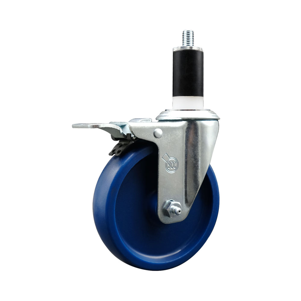 Stainless Steel Solid Polyurethane Expanding Stem Swivel Caster with 5 in. Blue Wheel & 1.38 in. Stem & Total Locking Brake