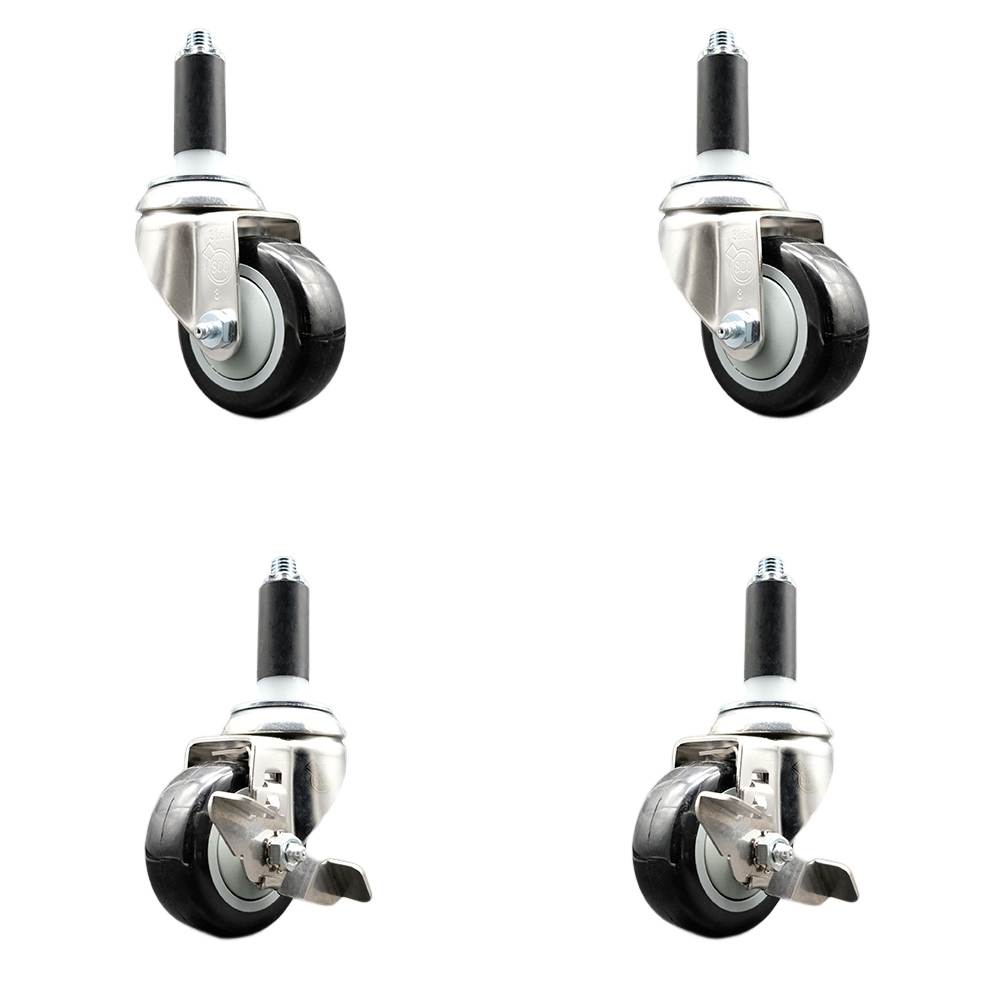 Polyurethane Swivel Stem Caster with 3.5 in. Black Caster Wheels, 1.13 in. Expanding Stems - 316 Stainless Steel Casters - Set of 4