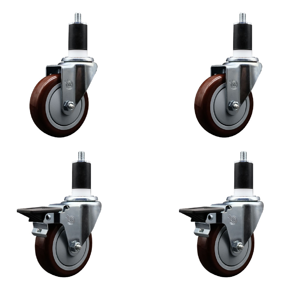 SCC-EX20S414-PPUB-MRN-2-PLB-2-112 Polyurethane Swivel Expanding Stem Caster with 4 in. Maroon Wheels & 1.5 in. Stems - Set of 4