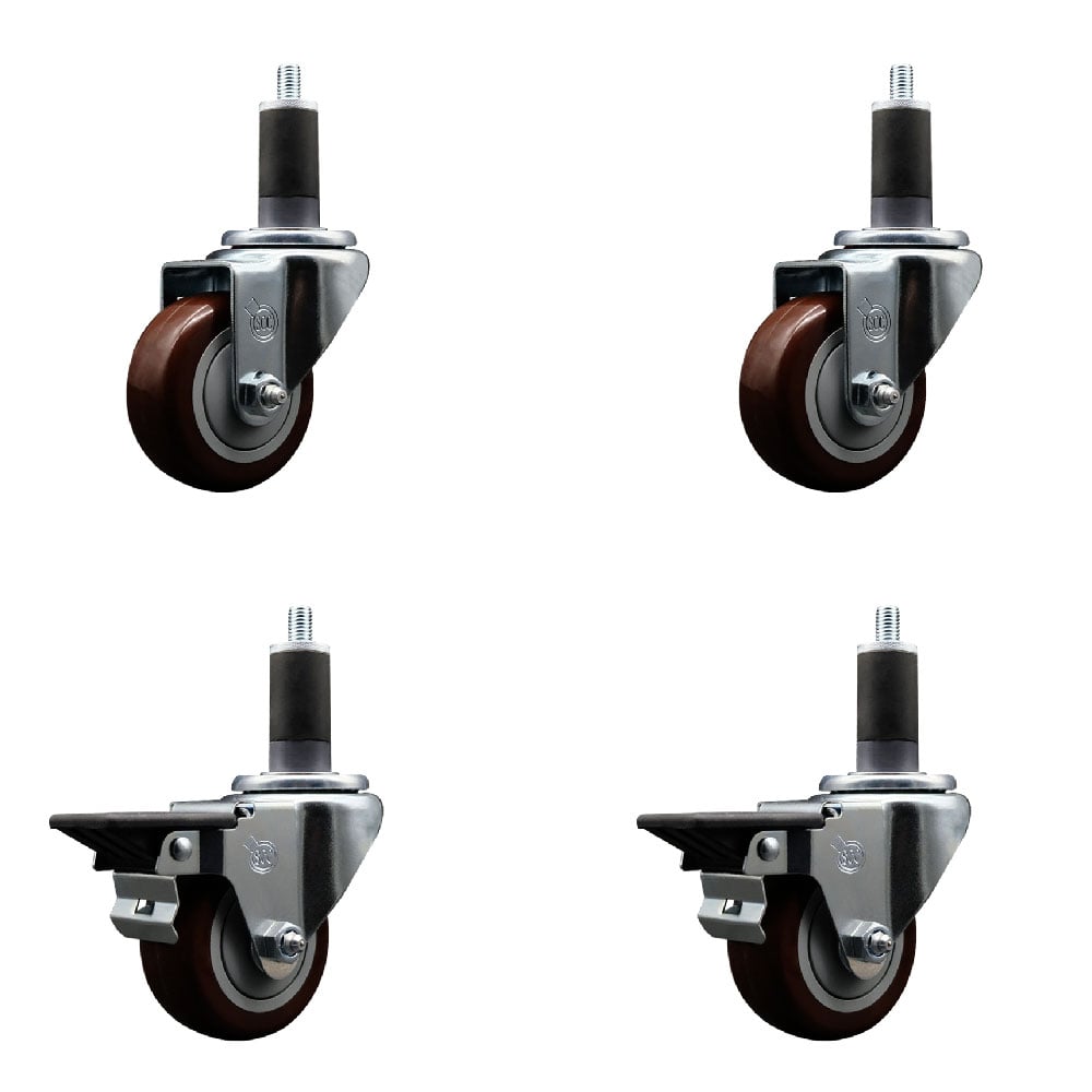 SCC-EX20S314-PPUB-MRN-2-PLB-2-114 Polyurethane Swivel Expanding Stem Caster with 3 in. Maroon Wheels & 1.25 in. Stems - Set of 4