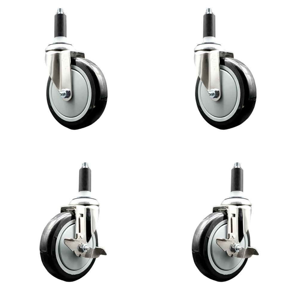 Polyurethane Swivel Stem Caster with 5 in. Black Caster Wheels, 1.13 in. Expanding Stems - 316 Stainless Steel Casters - Set of 4