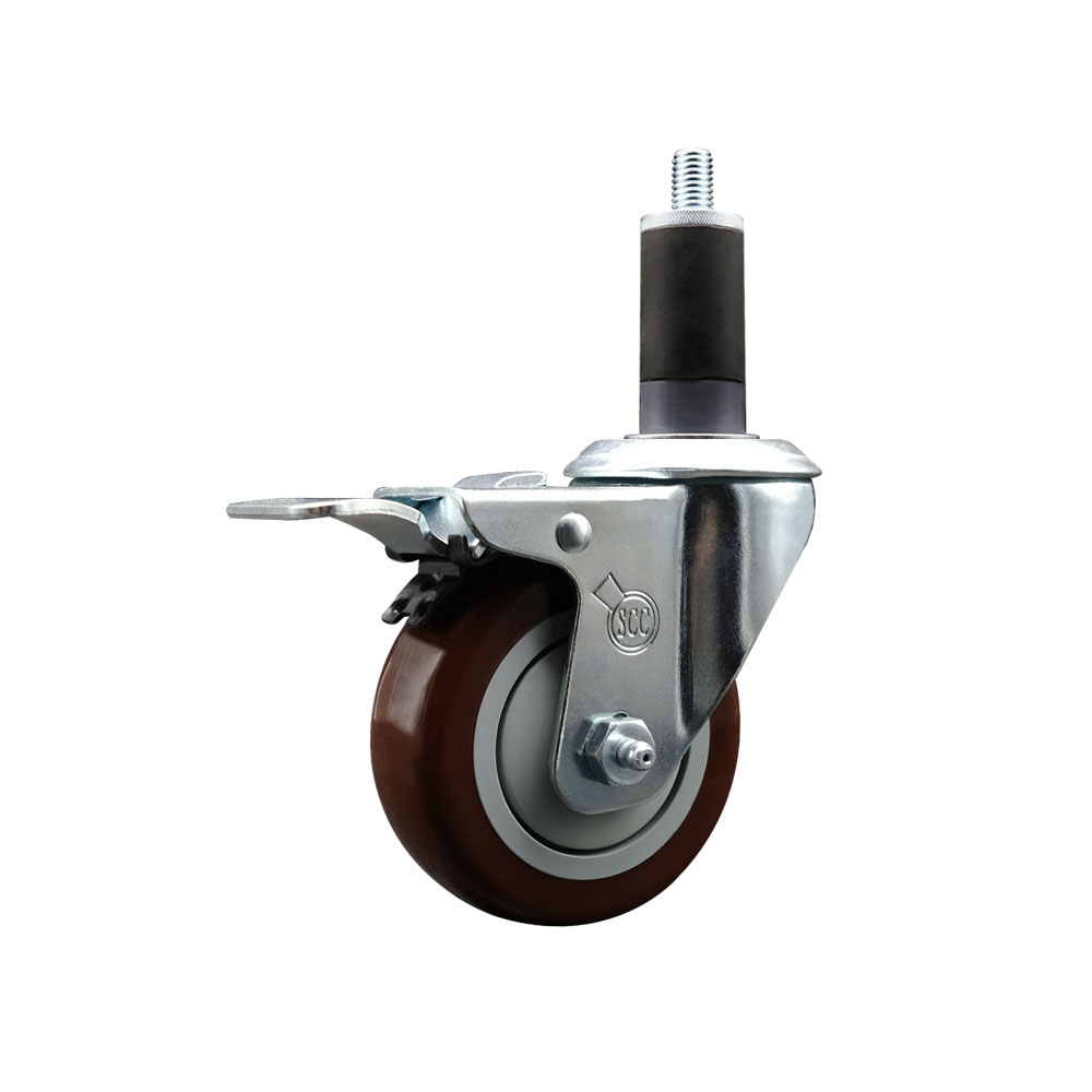 Stainless Steel Polyurethane Expanding Stem Swivel Caster with 3.5 in. Maroon Wheel & 1.25 in. Stem & Total Locking Brake