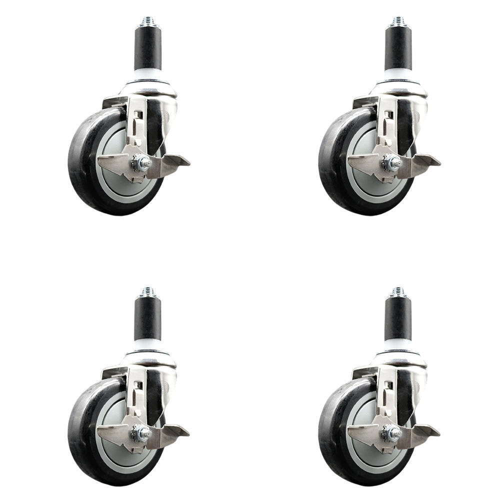 Polyurethane Swivel Stem Caster with 4 in. Black Caster Wheels, 1.25 in. Expanding Stems - 316 Stainless Steel Casters - Set of 4