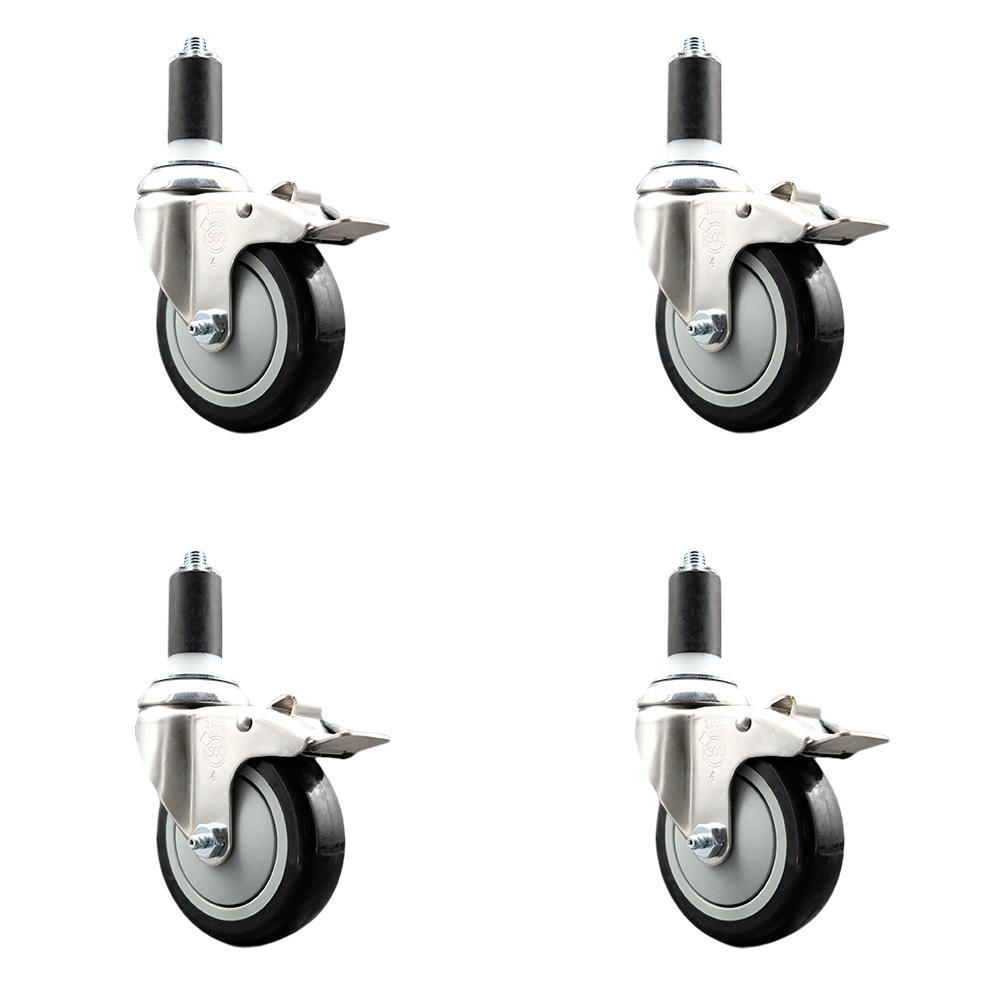 Polyurethane Swivel Stem Caster with 4 in. Black Caster Wheels, 1.25 in. Expanding Stems - 316 Stainless Steel Casters - Set of 4