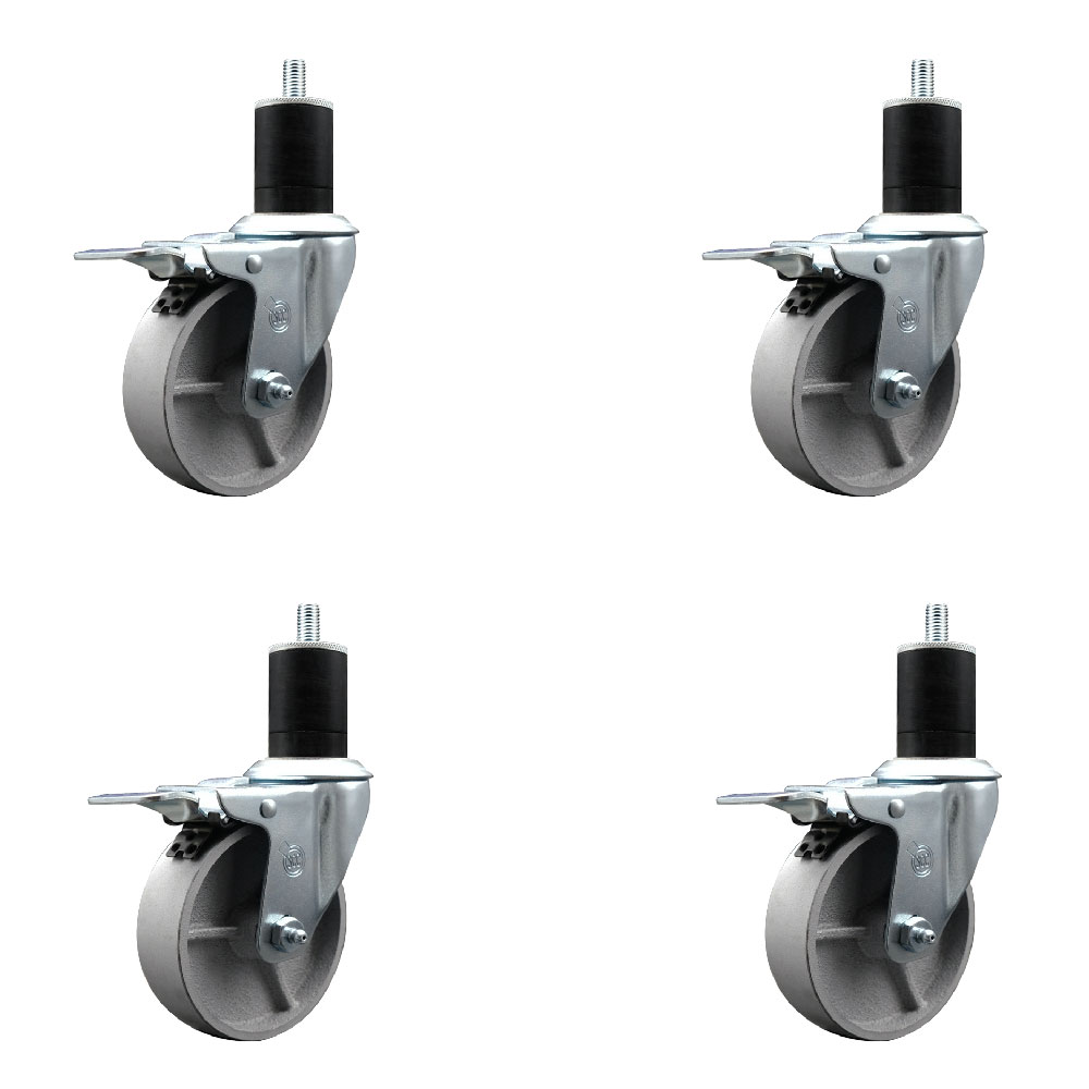 Semi Steel Cast Iron Swivel Expanding Stem Caster with 4 in. Silver Wheels & 1.75 in. Stems 4 Swivel with Total Locking Brakes - Set of 4