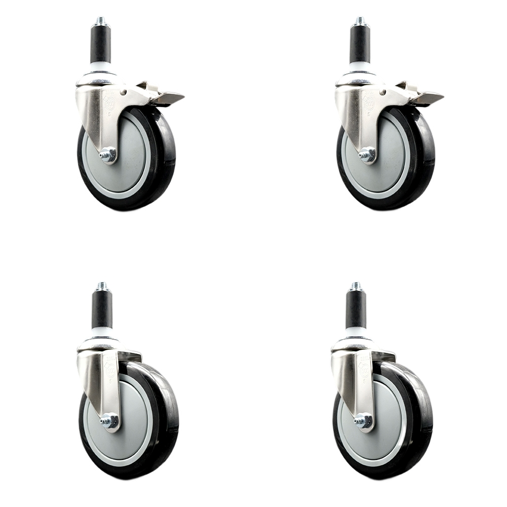 Polyurethane Swivel Stem Caster with 5 in. Black Caster Wheels, 1.25 in. Expanding Stem - 316 Stainless Steel Casters - Set of 4