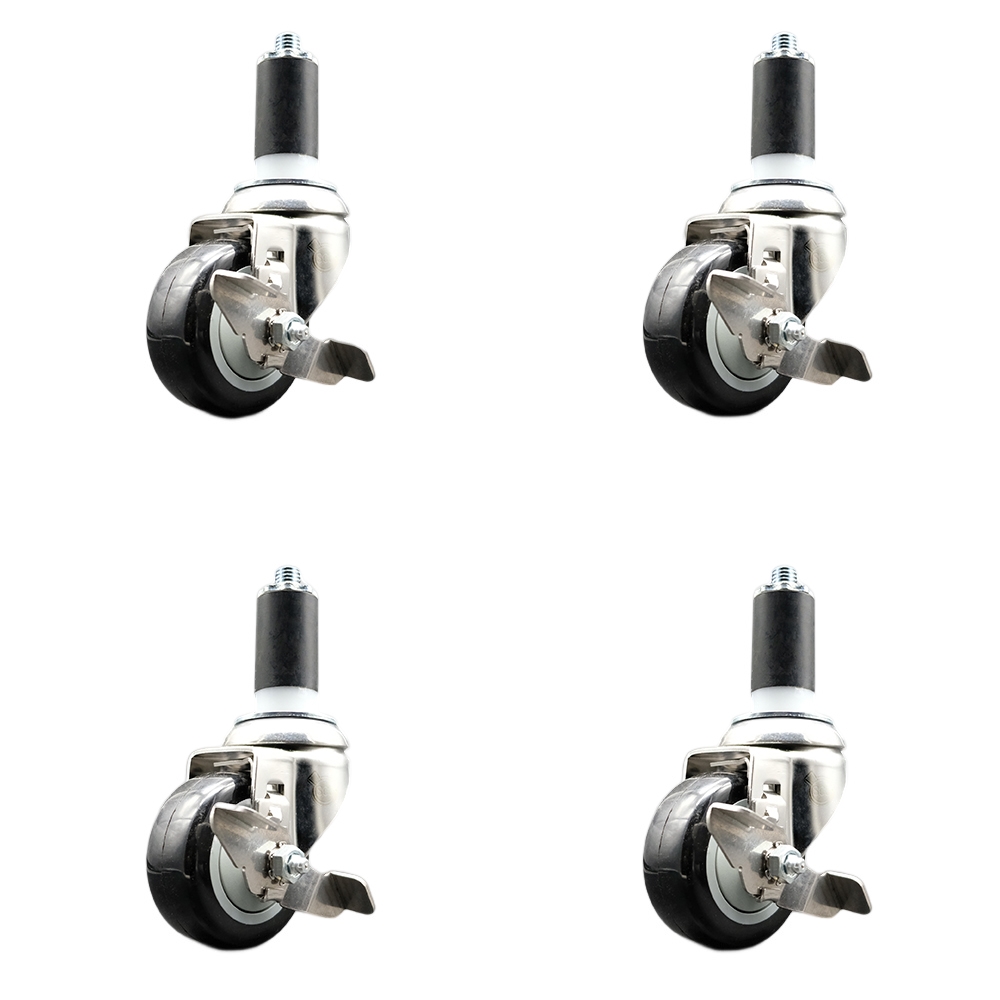 Polyurethane Swivel Stem Caster with 3 in. Black Caster Wheels, 1.38 in. Expanding Stems - 316 Stainless Steel Casters - Set of 4