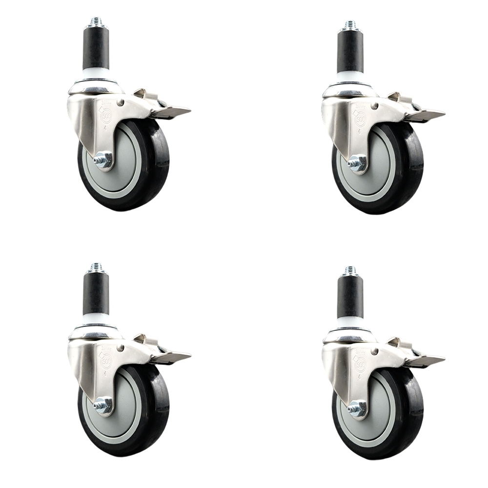 Polyurethane Swivel Stem Caster with 4 in. Black Caster Wheels, 1.38 in. Expanding Stems - 316 Stainless Steel Casters - Set of 4