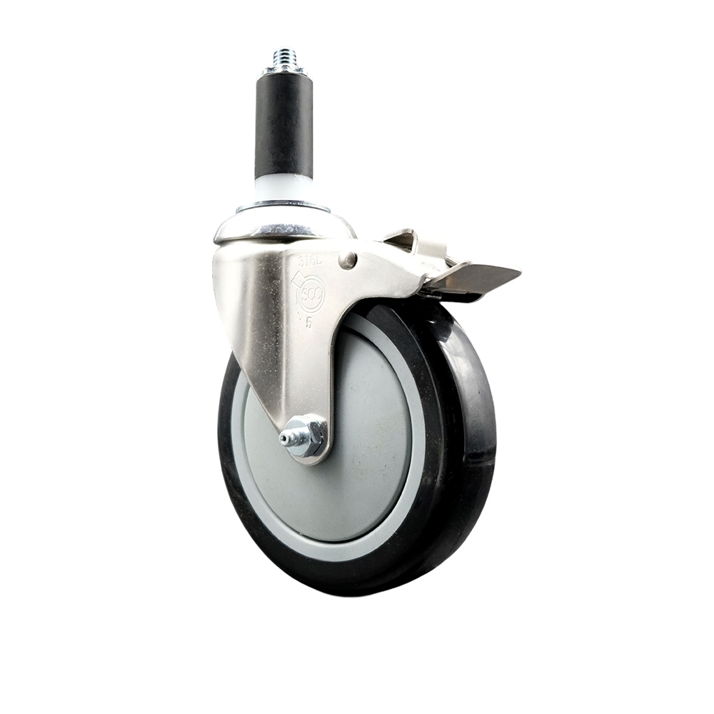 Polyurethane Swivel Stem Caster with 5 in. Black Caster Wheels & Total Lock Brake, 1.38 in. Expanding Stem - 316 Stainless Steel Caster