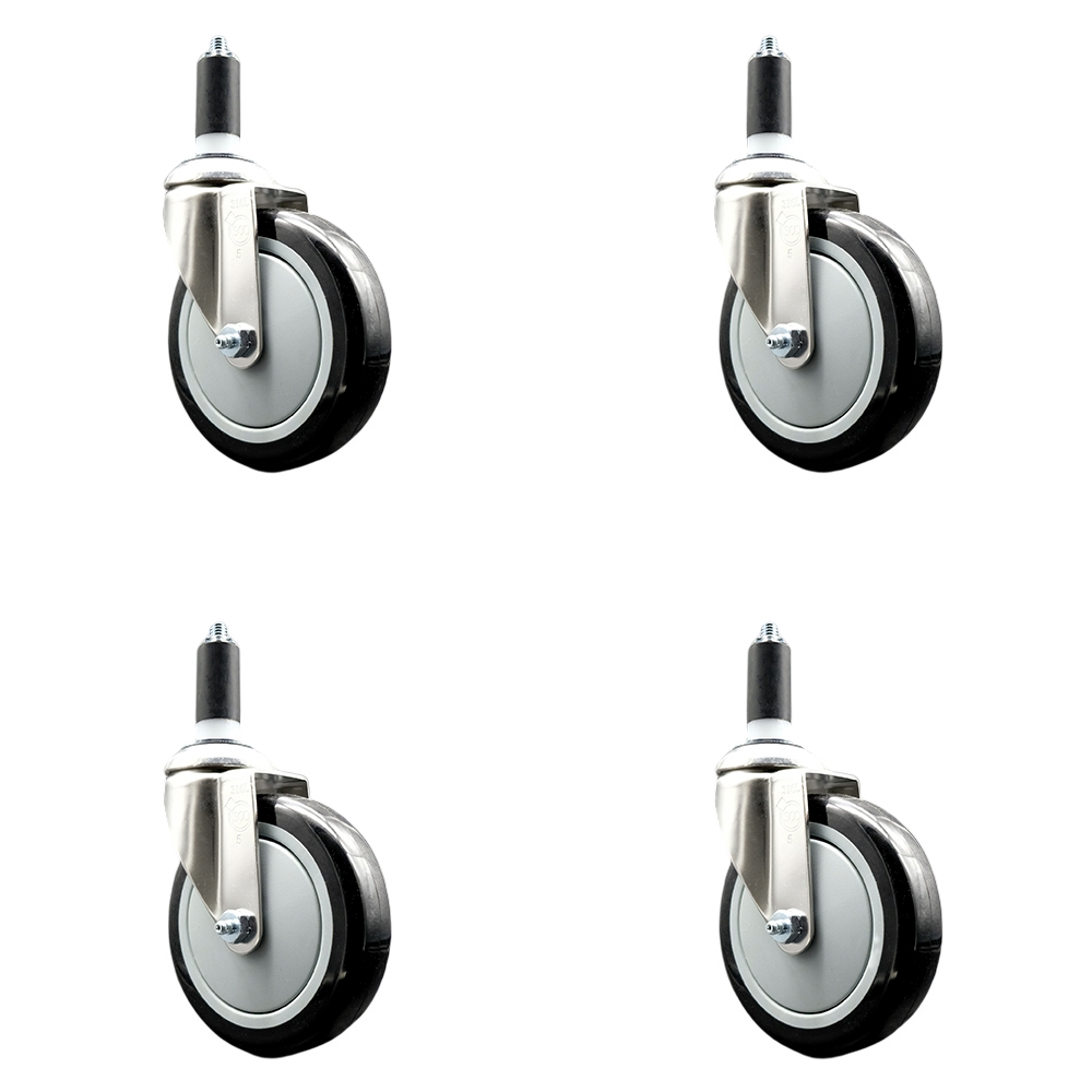 Polyurethane Swivel Stem Caster with 5 in. Black Caster Wheels, 1.38 in. Expanding Stems - 316 Stainless Steel Casters - Set of 4