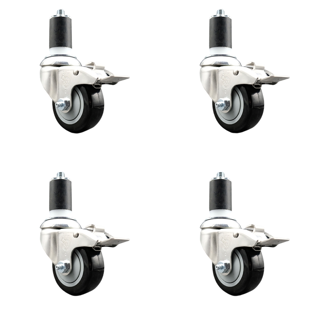 Polyurethane Swivel Stem Caster with 3 in. Black Caster Wheels, 1.5 in. Expanding Stems - 316 Stainless Steel Casters - Set of 4