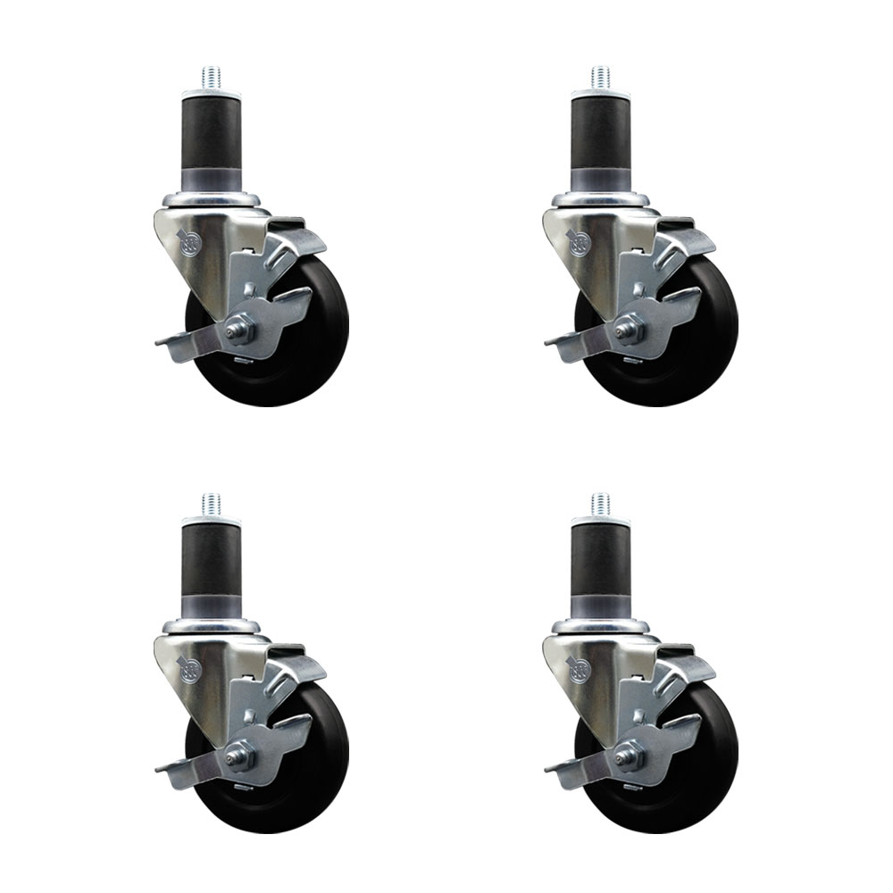 Stainless Steel Soft Rubber Swivel Expanding Stem Caster with 3.5 in. Black Wheels & 1.63 in. Stems, 4 Swivel with Top Locking Brakes - Set of 4