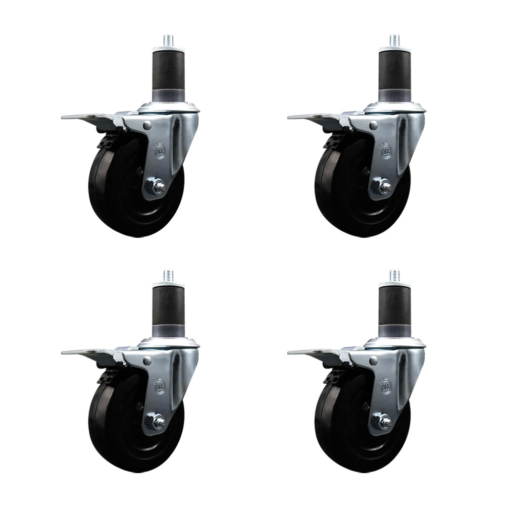Stainless Steel Soft Rubber Swivel Expanding Stem Caster with 4 in. Black Wheels & 1.63 in. Stems, 4 Swivel with Total Locking Brakes - Set of 4