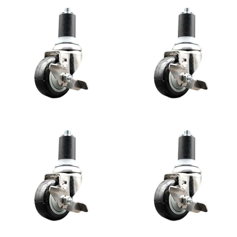 Polyurethane Swivel Stem Caster with 3.5 in. Black Caster Wheels, 1.5 in. Expanding Stems - 316 Stainless Steel Casters - Set of 4