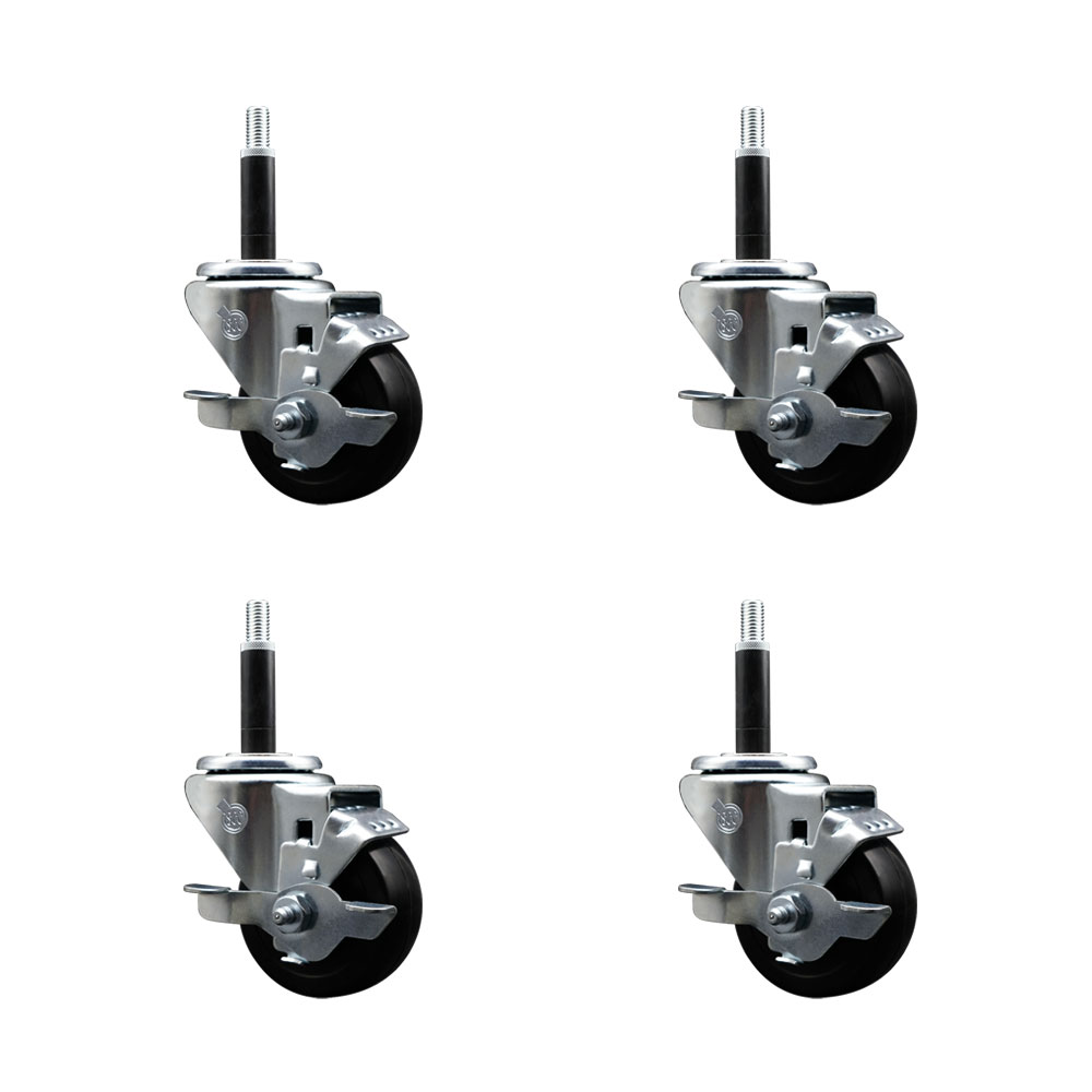 Stainless Steel Soft Rubber Swivel Expanding Stem Caster with 3 in. Black Wheels & 0.75 in. Stems, 4 Swivel with Top Locking Brakes - Set of 4