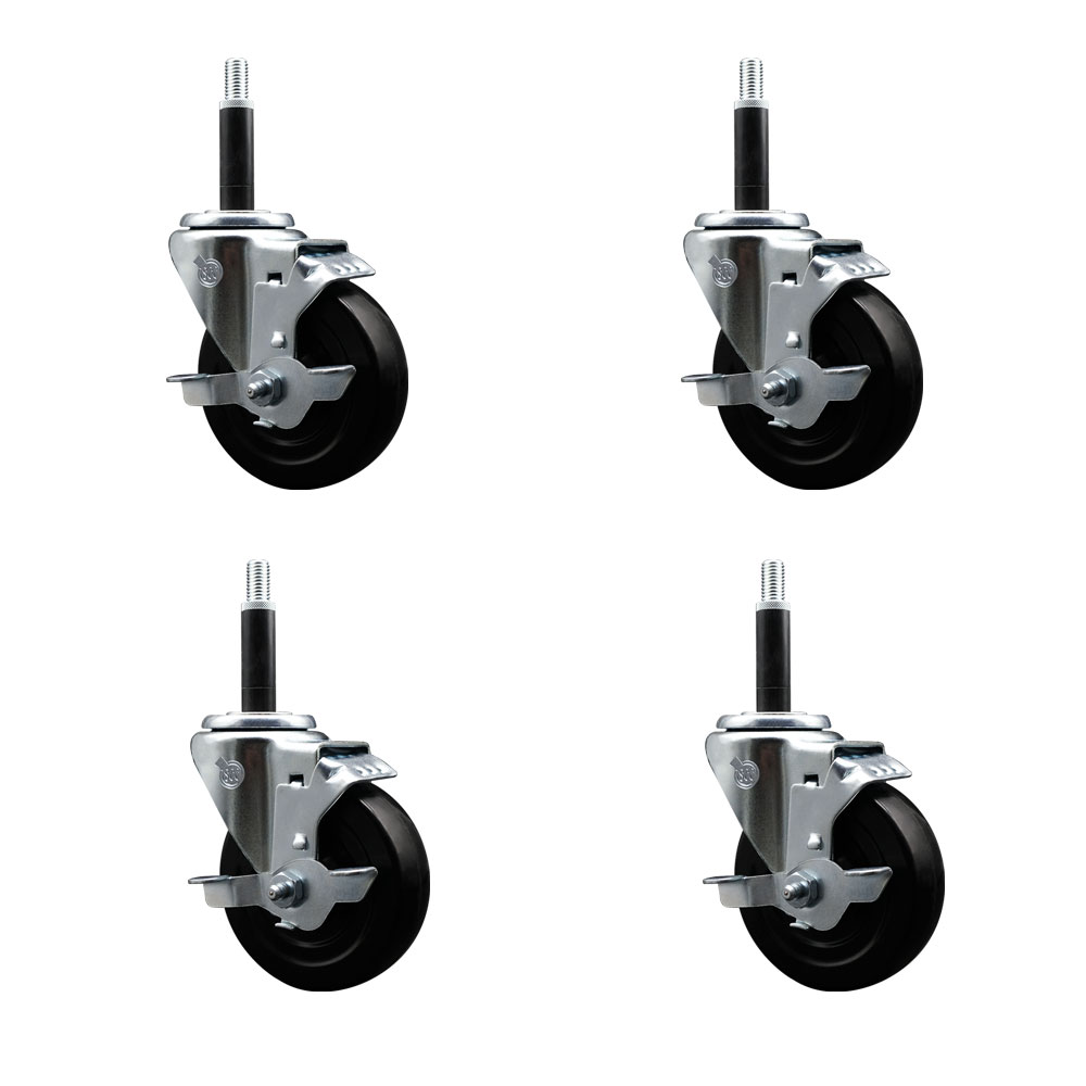 Stainless Steel Soft Rubber Swivel Expanding Stem Caster with 4 in. Black Wheels & 0.75 in. Stems, 4 Swivel with Top Locking Brakes - Set of 4