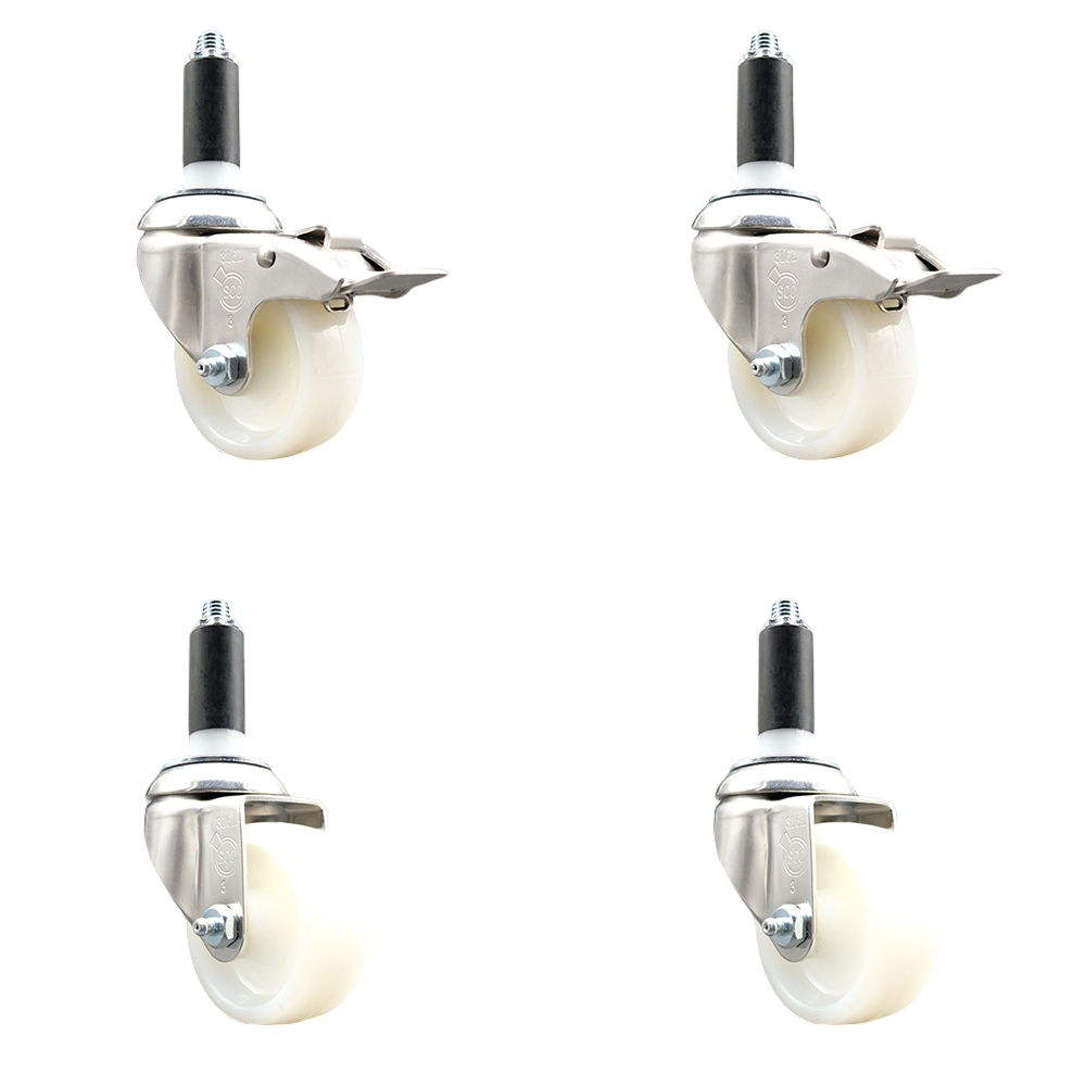 Nylon Swivel Stem Caster with 3 in. Caster Wheels, 1.13 in. Expanding Stem - 316 Stainless Steel Casters - Set of 4