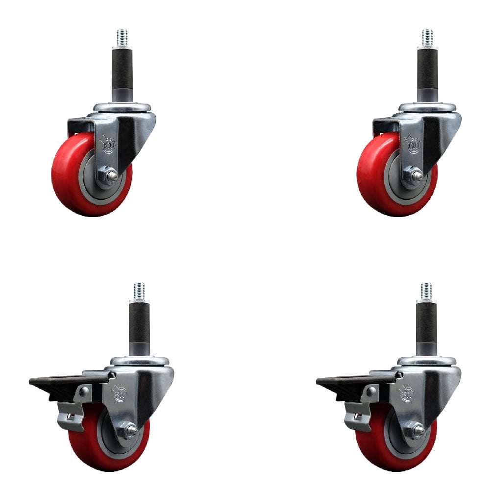 SCC-EX20S314-PPUB-RED-2-PLB-2-1 Polyurethane Swivel Expanding Stem Caster with 3 in. Red Wheels & 1 in. Stems - Set of 4
