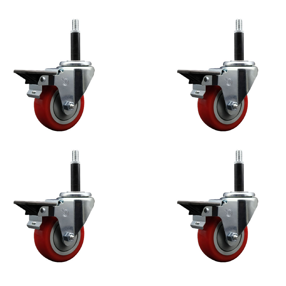 SCC-EX20S3514-PPUB-RED-PLB-34-4 Polyurethane Swivel Expanding Stem Caster with 3.5 in. Red Wheels & 0.75 in. Stems - Set of 4