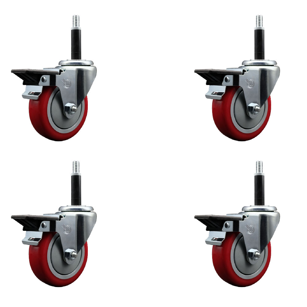 SCC-EX20S414-PPUB-RED-PLB-34-4 Polyurethane Swivel Expanding Stem Caster with 4 in. Red Wheels & 0.75 in. Stems - Set of 4