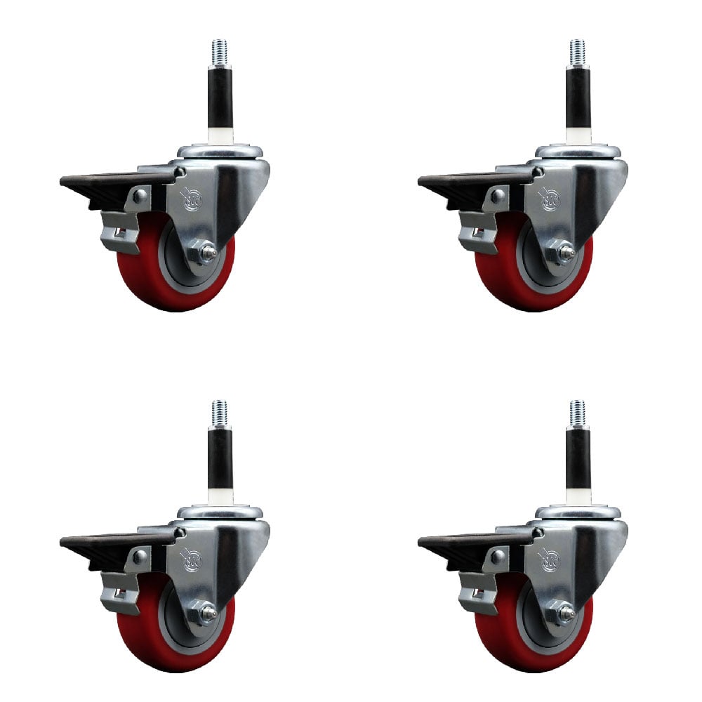 SCC-EX20S314-PPUB-RED-PLB-78-4 Polyurethane Swivel Expanding Stem Caster with 3 in. Red Wheels & 0.87 in. Stems - Set of 4