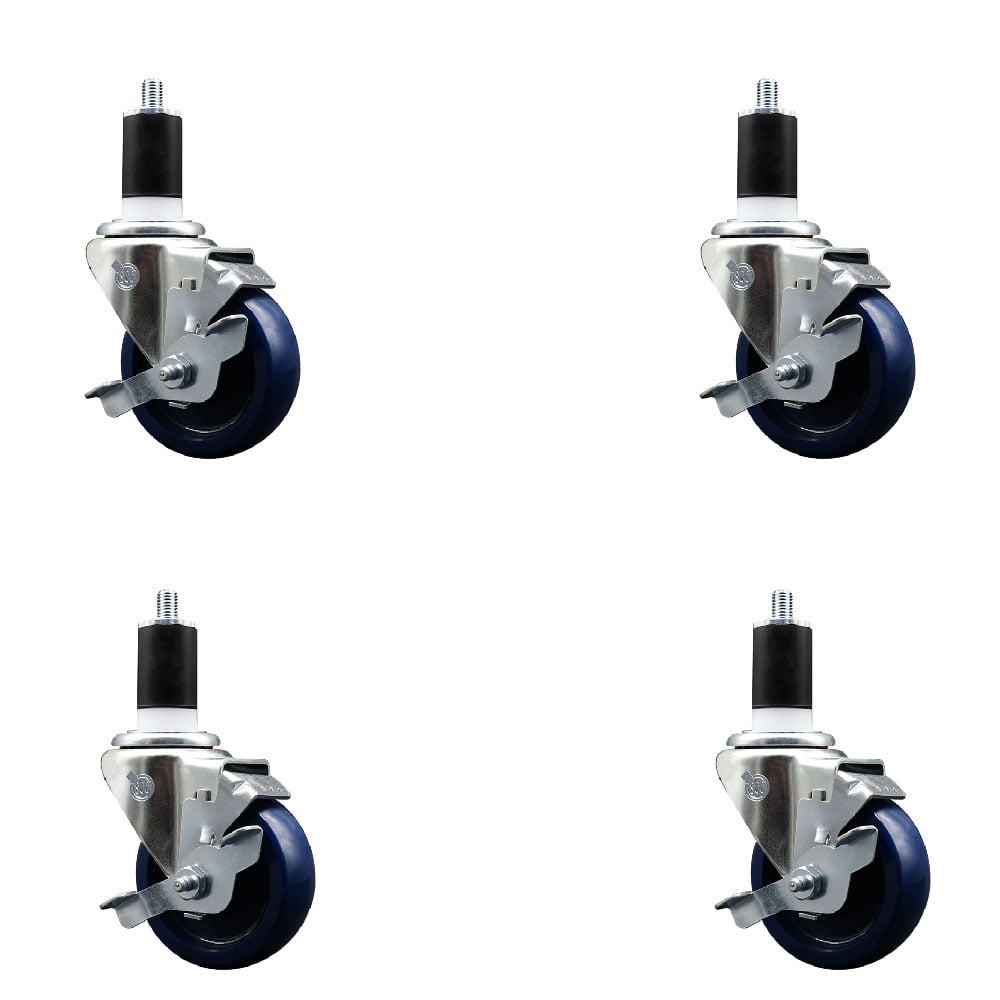 SCC-SSEX20S3514-SPUS-TLB-112-4 Stainless Steel Solid Polyurethane Swivel Expanding Stem Caster with 3.5 in. Blue Wheels & 1.5 in. Stems - Set of 4