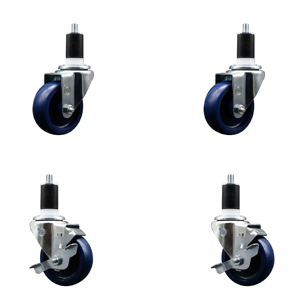 Stainless Steel Solid Polyurethane Swivel Expanding Stem Caster with 3.5 in. Blue Wheels & 1.5 in. Stems 2 with Top Locking Brakes - Set of 4