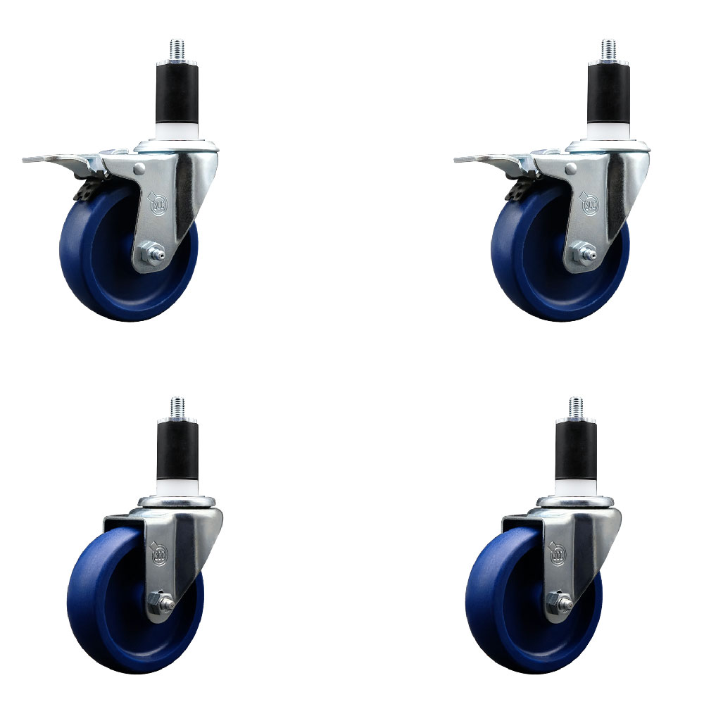 Stainless Steel Solid Polyurethane Swivel Expanding Stem Caster with 5 in. Blue Wheels & 1.5 in. Stems 2 with Total Locking Brakes - Set of 4
