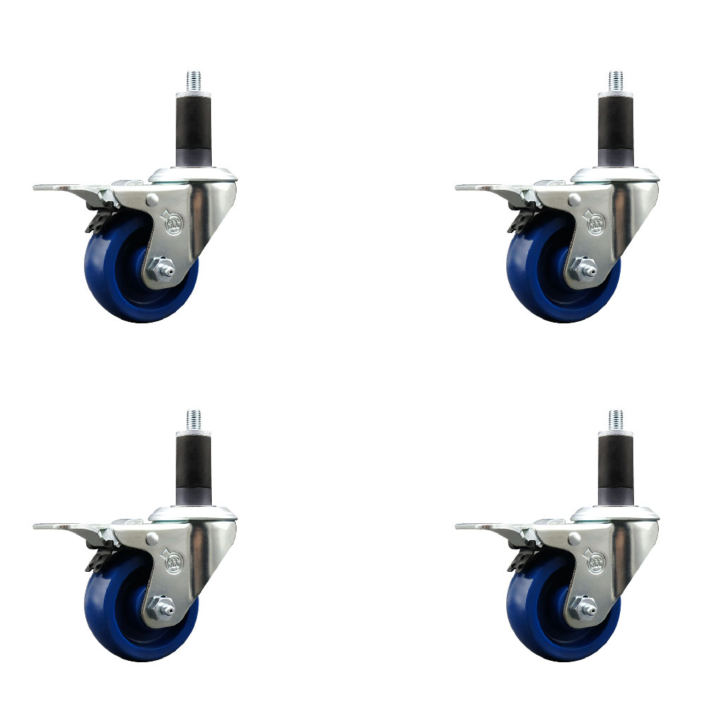 SCC-SSEXTTL20S314-SPUS-114-4 Stainless Steel Solid Polyurethane Swivel Expanding Stem Caster with 3 in. Blue Wheels & 1.25 in. Stems - Set of 4