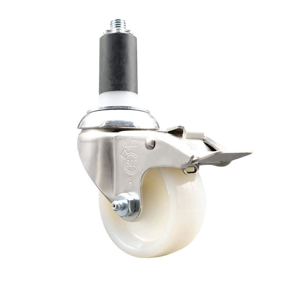 Nylon Swivel Stem Caster with 3 in. White Caster Wheel & Total Lock Brake, 1.25 in. Expanding Stem - 316 Stainless Steel Caster