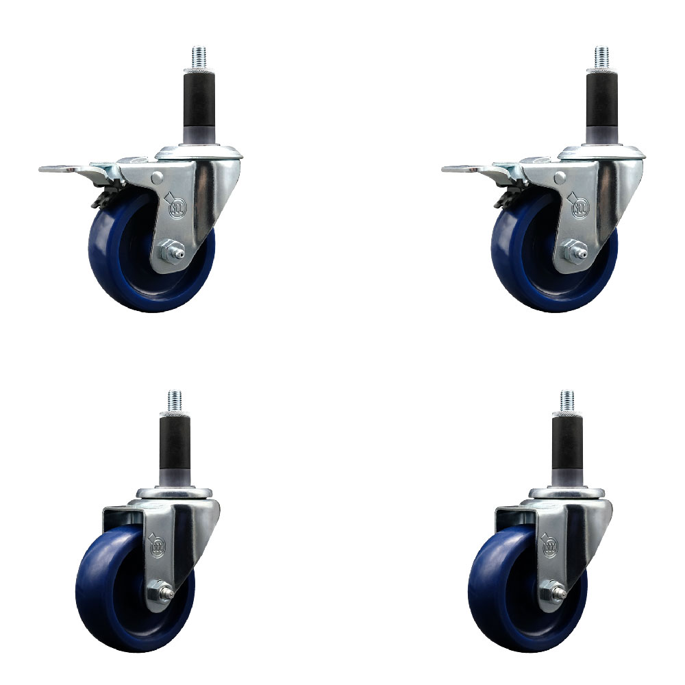 Stainless Steel Solid Polyurethane Swivel Expanding Stem Caster with 3.5 in. Blue Wheels & 1.13 in. Stems - Set of 4