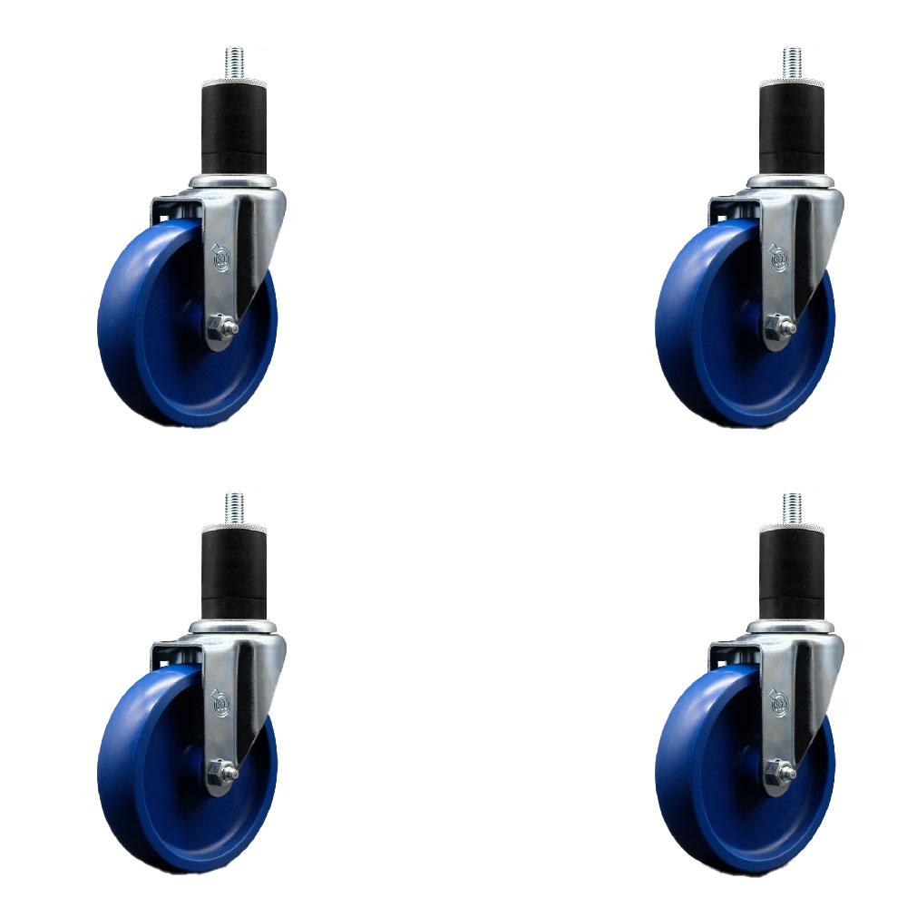 SCC-EX20S514-SPUS-134-4 Solid Polyurethane Swivel Expanding Stem Caster with 5 in. Blue Wheels & 1.75 in. Stems - Set of 4