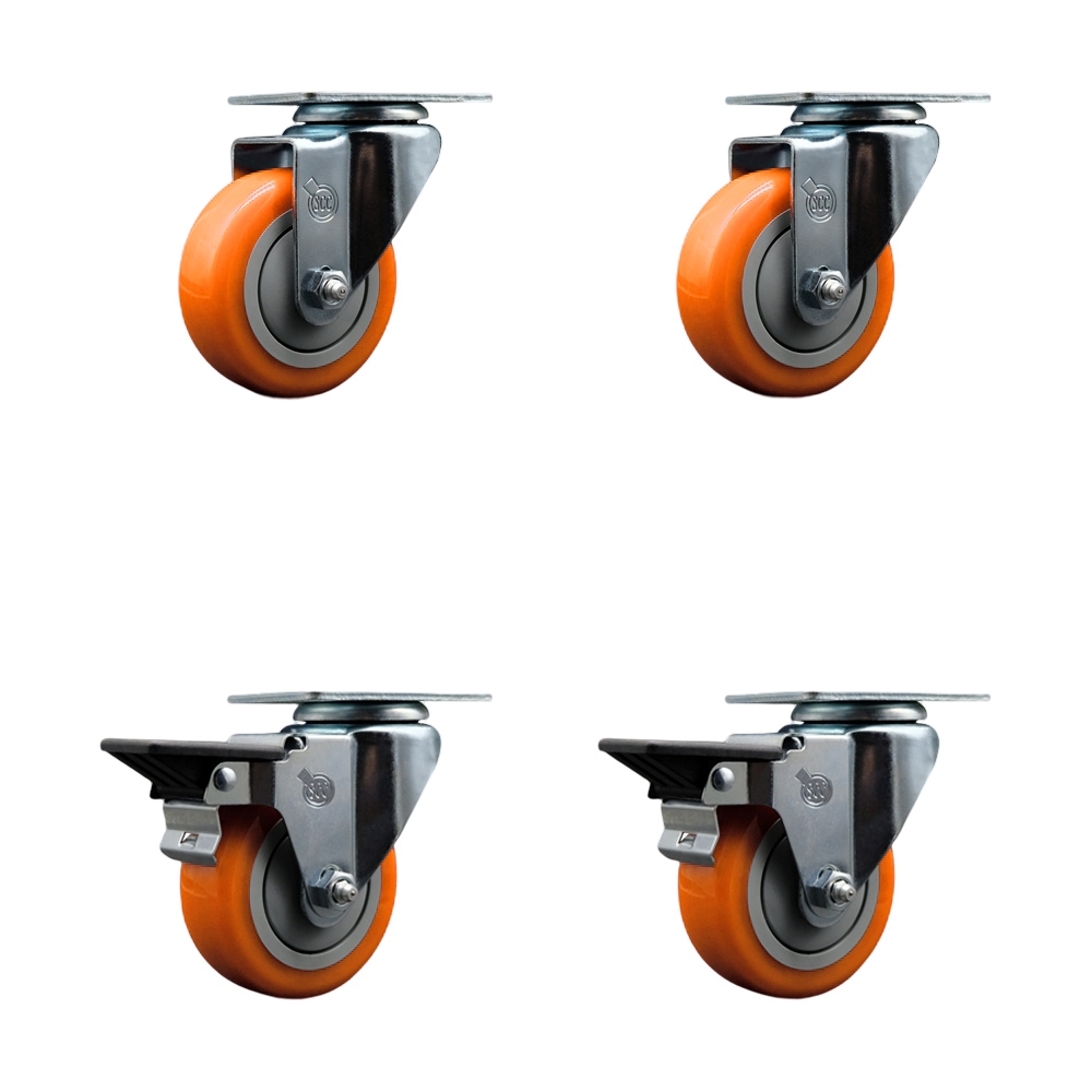 SCC-20S3514-PPUB-ORG-2-PLB-2 Polyurethane Swivel Top Plate Caster with 3.5 in. Orange Wheels - Set of 4
