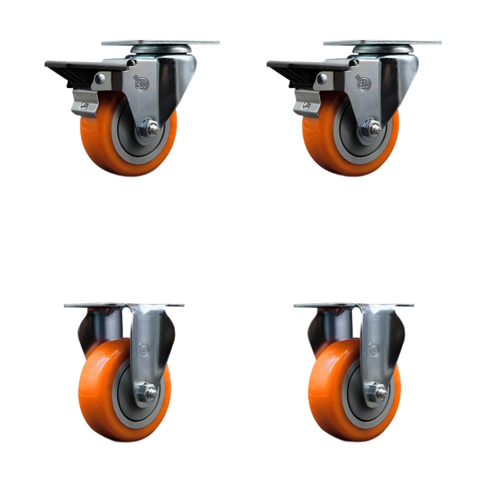 SCC-20S3514-PPUB-ORG-PLB-2-R-2 Polyurethane Swivel Top Plate Caster with 3.5 in. Orange Wheels - Set of 4