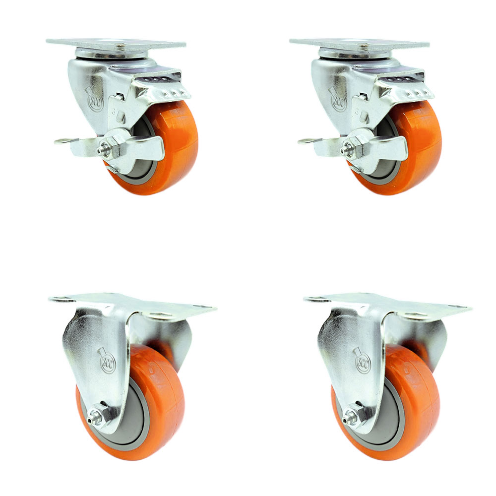 Swivel Caster with 2 Brakes & 2 Rigid, 3.5 in. Orange Polyurethane Wheel - 3.13 x 4.13 in. Overall Top Plate - Set of 4