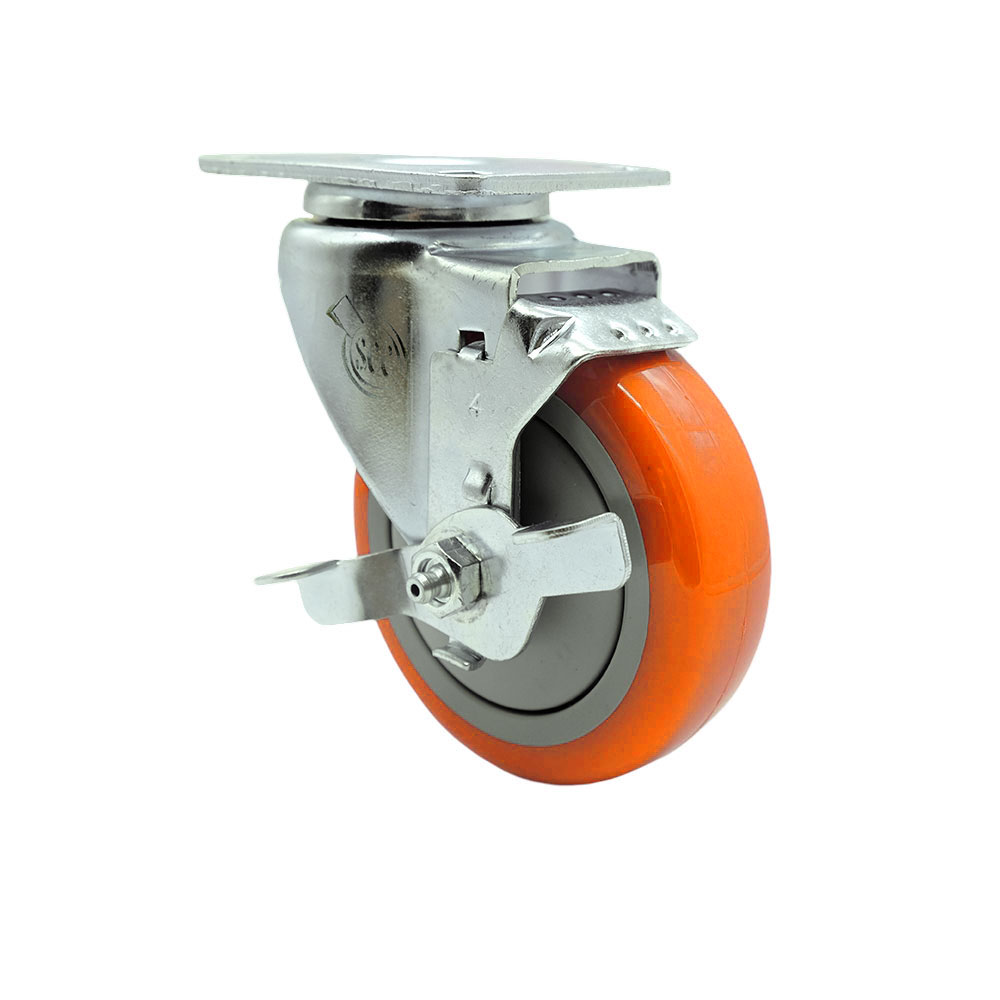 SCC-20S414-PPUB-ORG-TLB Polyurethane Swivel Top Plate Swivel Caster with 4 in. Orange Wheel & Top Locking Brake
