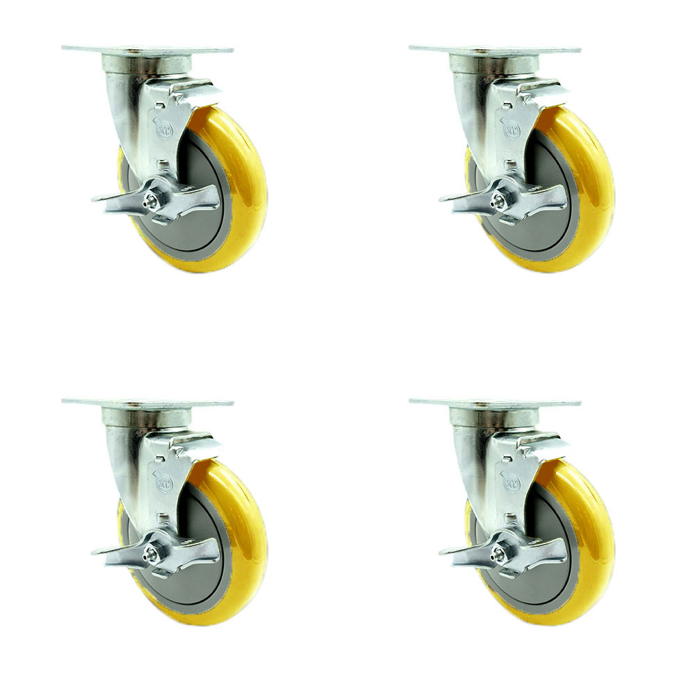 SCC-20S514-PPUB-YEL-TLB-TPU1-4 Universal Kitchen Casters 5 x 1.25 in. Polyurethane Yellow Wheels Swivel Casters with Brakes - Non Marking - Set of 4