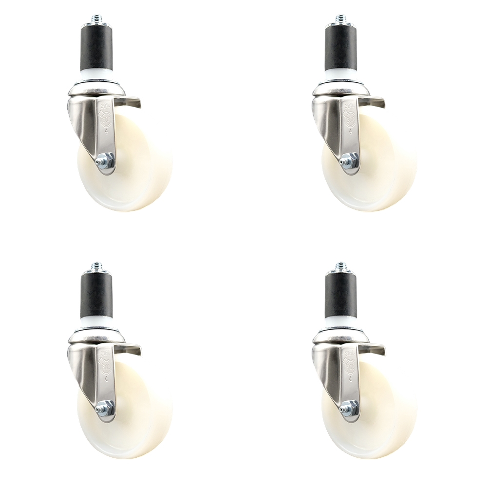 Nylon Swivel Stem Caster with 4 in. White Caster Wheels, 1.5 in. Expanding Stems - 316 Stainless Steel Casters - Set of 4